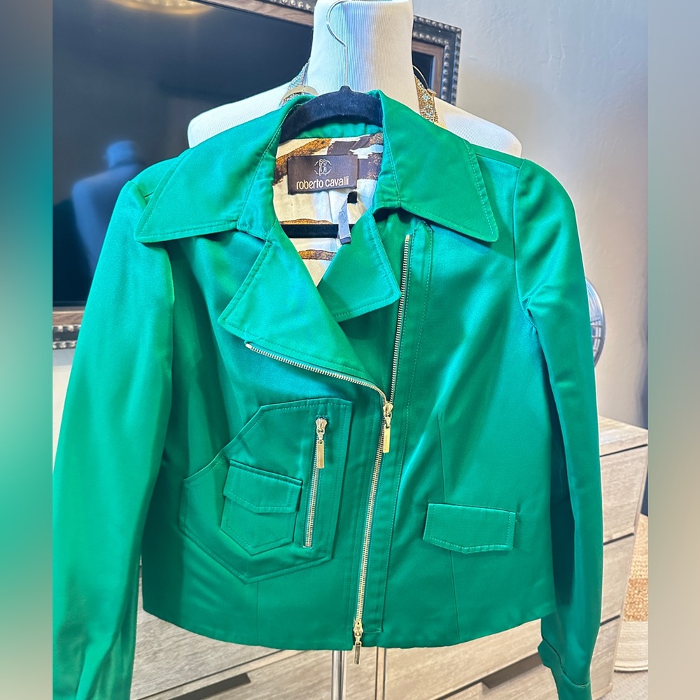 Roberto Cavalli Green Silk Jacket – Made in Italy, Size 42